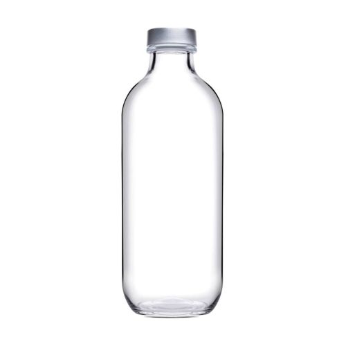 Glazen Fles Iconic 0,54 liter met zilveren dop, getoond van voorzijde