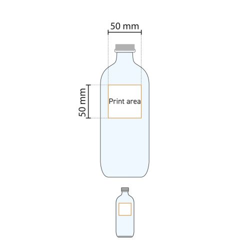 Technische werktekening van het drukgebied op de fles Iconic 1,1 liter met logopositie en afmetingen.