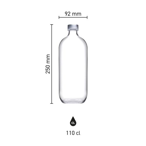 Infographic toont hoogte, diameter en inhoud van de glazen fles Iconic 1,1 liter met schroefdop.
