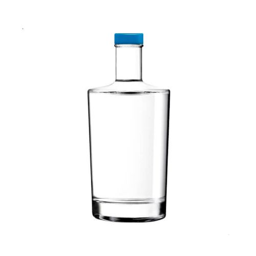 Glazen Fles Neos 0,5 liter met blauwe dop in recht vooraanzicht, transparant en eenvoudig vormgegeven. Glazen Fles Neos 0,5 liter met blauwe dop in recht vooraanzicht, transparant en eenvoudig vormgegeven.