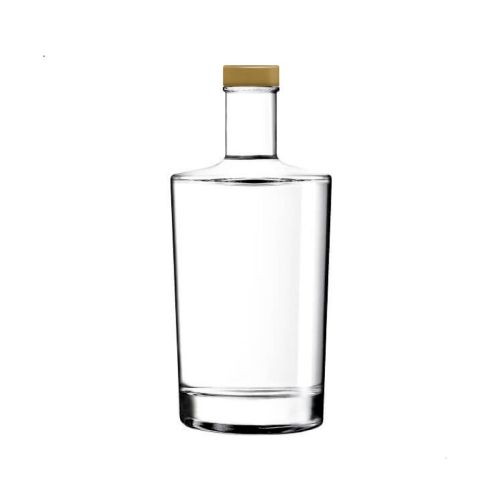 Glazen Fles Neos 0,5 liter met gouden dop in recht vooraanzicht, transparant en eenvoudig vormgegeven. Glazen Fles Neos 0,5 liter met gouden dop in recht vooraanzicht, transparant en eenvoudig vormgegeven.