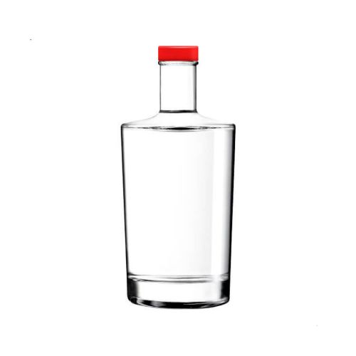 Glazen Fles Neos 0,5 liter met rode dop in recht vooraanzicht, transparant en eenvoudig vormgegeven. Glazen Fles Neos 0,5 liter met rode dop in recht vooraanzicht, transparant en eenvoudig vormgegeven.