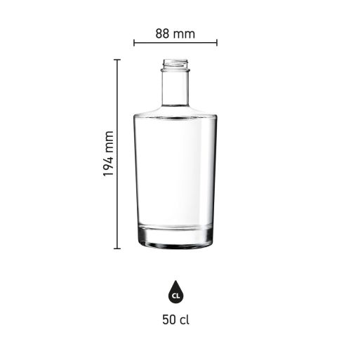 Infographic toont de productafmetingen van de glazen Fles Neos 0,5 liter. Infographic toont de productafmetingen van de glazen Fles Neos 0,5 liter.