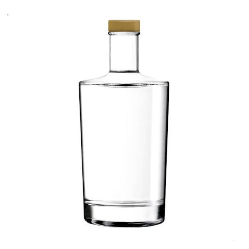 Fles Neos 0,7 liter in glas met rechte vorm en lange hals, weergegeven in vooraanzicht met gouden dop. Fles Neos 0,7 liter in glas met rechte vorm en lange hals, weergegeven in vooraanzicht met gouden dop.