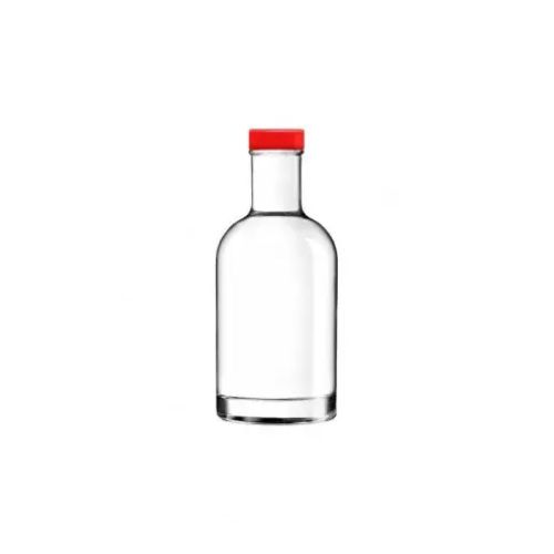 Heldere glazen fles Oslo 0,2 liter met rode dop van voren gefotografeerd, zonder bedrukking. Heldere glazen fles Oslo 0,2 liter met rode dop van voren gefotografeerd, zonder bedrukking.