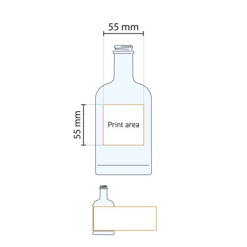 Technische werktekening van Fles Oslo 0,35 liter glas met gemarkeerd drukgebied. Technische werktekening van Fles Oslo 0,35 liter glas met gemarkeerd drukgebied.