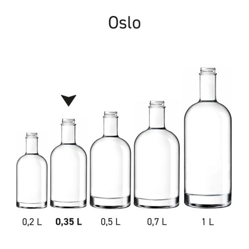 Serie glazen flessen Oslo liter gepresenteerd in uniforme opstelling. Serie glazen flessen Oslo liter gepresenteerd in uniforme opstelling.