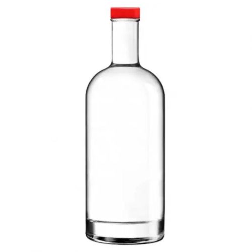Fles Oslo 1,0 liter van helder glas, recht van voren gefotografeerd zonder opdruk met rode dop. Fles Oslo 1,0 liter van helder glas, recht van voren gefotografeerd zonder opdruk met rode dop.
