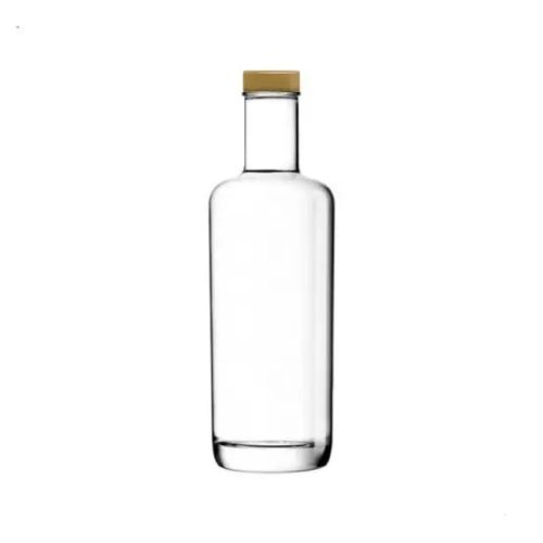 Cilindrische glazen fles Oxygen 0,5 liter met gouden dop in vooraanzicht, met smalle hals en brede bodem. Cilindrische glazen fles Oxygen 0,5 liter met gouden dop in vooraanzicht, met smalle hals en brede bodem.