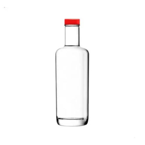 Cilindrische glazen fles Oxygen 0,5 liter met rode dop in vooraanzicht, met smalle hals en brede bodem. Cilindrische glazen fles Oxygen 0,5 liter met rode dop in vooraanzicht, met smalle hals en brede bodem.