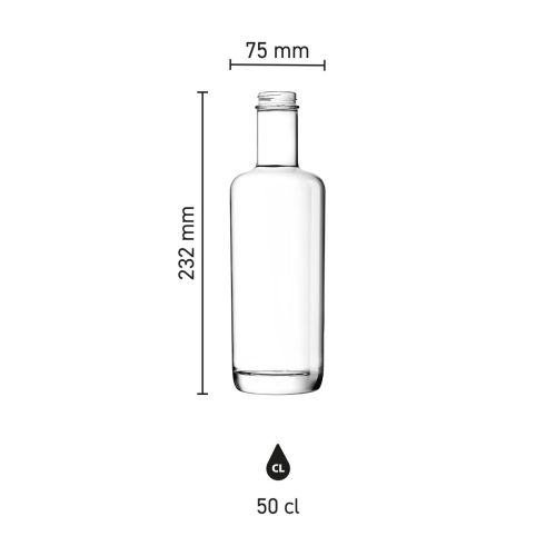Infographic toont afmetingen van de glazen fles Oxygen 0,5 liter met schaalverdeling. Infographic toont afmetingen van de glazen fles Oxygen 0,5 liter met schaalverdeling.