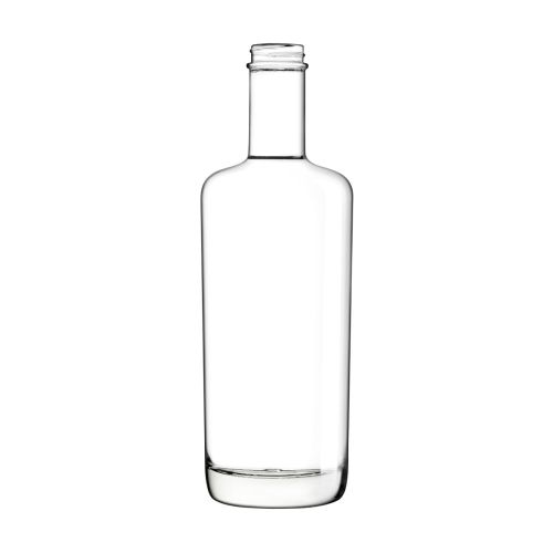 Voorzijde van glazen fles Oxygen 0,7 liter, rechtopstaand met lange, smalle hals. Voorzijde van glazen fles Oxygen 0,7 liter, rechtopstaand met lange, smalle hals.