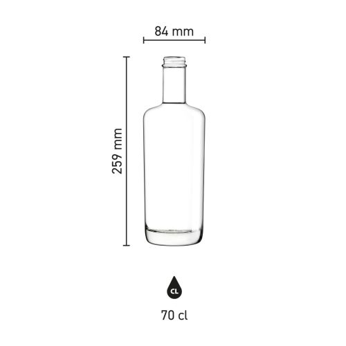 Infographic toont gedetailleerde afmetingen van de glazen fles Oxygen 0,7 liter. Infographic toont gedetailleerde afmetingen van de glazen fles Oxygen 0,7 liter.