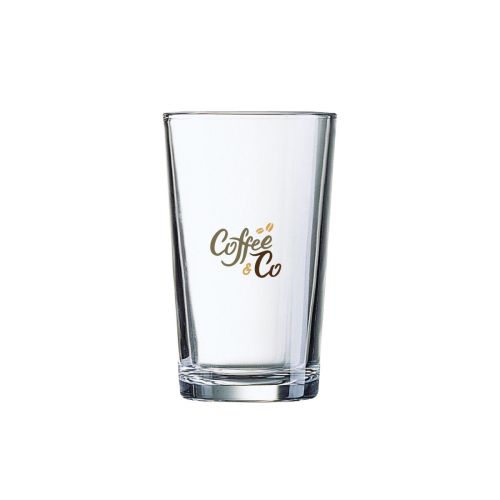 Glas Conique 8 cl met bedrukt CoffeeCo-logo in meerdere kleuren op de voorzijde. Glas Conique 8 cl met bedrukt CoffeeCo-logo in meerdere kleuren op de voorzijde.