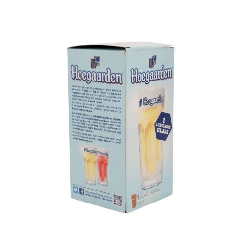 Hoegaarden longdrinkglas 25 cl in transparant glas, getoond met bijbehorende verpakking in informatieve productpresentatie.