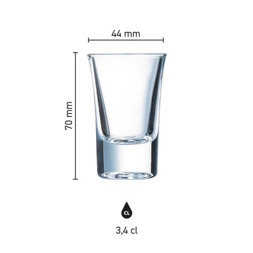 Infographic van het HotShot-glas 3,4 cl. met hoogte en diameter.