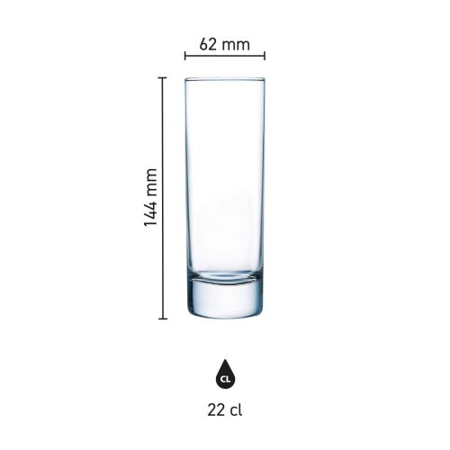 Infographic toont productafmetingen van Islande longdrinkglas 22 cl. Infographic toont productafmetingen van Islande longdrinkglas 22 cl.
