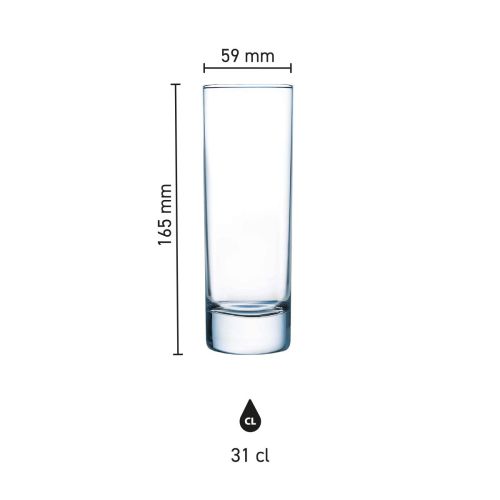 Infographic toont productafmetingen van Islande longdrinkglas 31 cl. met hoogte en diameter. Infographic toont productafmetingen van Islande longdrinkglas 31 cl. met hoogte en diameter.