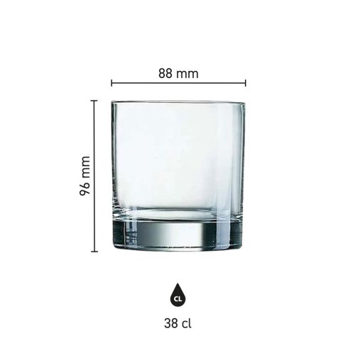 Infographic toont hoogte, diameter en inhoud van het Islande Tumbler glas 38 cl. Infographic toont hoogte, diameter en inhoud van het Islande Tumbler glas 38 cl.
