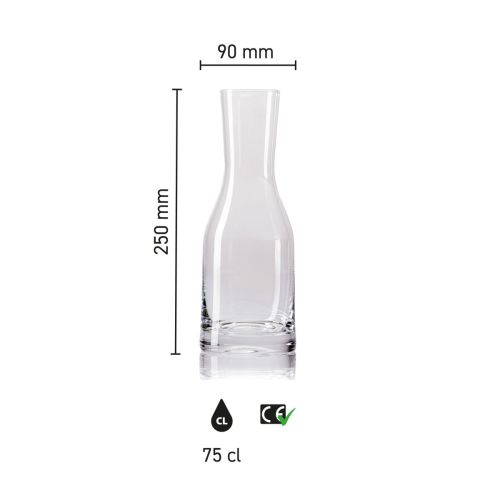 Infographic toont hoogte, breedte en inhoud van de glazen karaf Le Marc 75 cl. met maatverdeling. Infographic toont hoogte, breedte en inhoud van de glazen karaf Le Marc 75 cl. met maatverdeling.