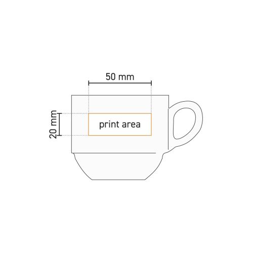Technische werktekening van koffiekop Mammoet Budgetline 20 cl. porselein met aanduiding drukgebied. Technische werktekening van koffiekop Mammoet Budgetline 20 cl. porselein met aanduiding drukgebied.