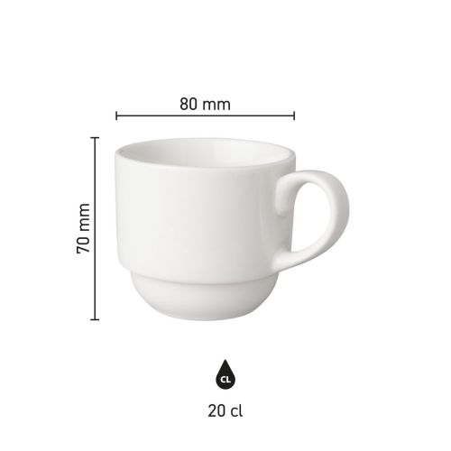 Infographic toont de afmetingen van koffiekop Mammoet Budgetline 20 cl. porselein met doorsnede en hoogte. Infographic toont de afmetingen van koffiekop Mammoet Budgetline 20 cl. porselein met doorsnede en hoogte.