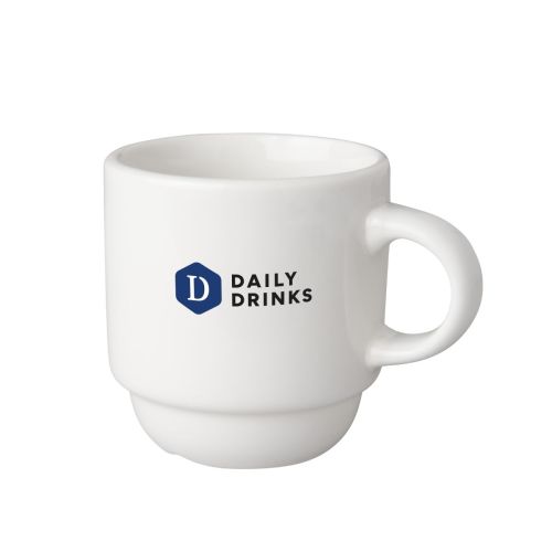 Witte koffiekop 14 cl met meerkleurig DailyDrinks-logo gecentreerd op het vooraanzicht gedrukt. Witte koffiekop 14 cl met meerkleurig DailyDrinks-logo gecentreerd op het vooraanzicht gedrukt.