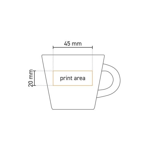 Technische werktekening van koffiekop Neo Budgetline 19 cl porselein, met aanduiding van het drukgebied op de voorzijde. Technische werktekening van koffiekop Neo Budgetline 19 cl porselein, met aanduiding van het drukgebied op de voorzijde.