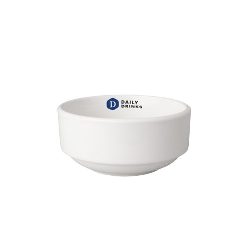 Meerkleurig DailyDrinks-logo op witte kom Budgetline 11 cm porselein, zichtbaar aan de voorzijde.