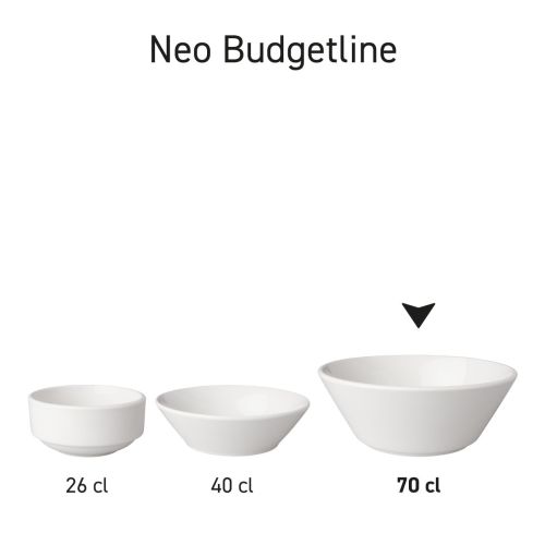 Overzicht van porseleinen kommen Neo Budgetline in serieopstelling met variatie in inhouden. Overzicht van porseleinen kommen Neo Budgetline in serieopstelling met variatie in inhouden.