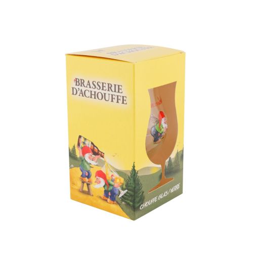 La Chouffe bierglas van 33 cl. in helder glas met bijpassende verpakking, geschikt als drinkglas voor speciaalbier en cadeauverpakking.