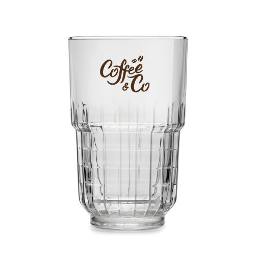 Eénkleurige opdruk van CoffeeCo-logo zichtbaar op voorzijde van Onis 34,5 cl glas. Eénkleurige opdruk van CoffeeCo-logo zichtbaar op voorzijde van Onis 34,5 cl glas.