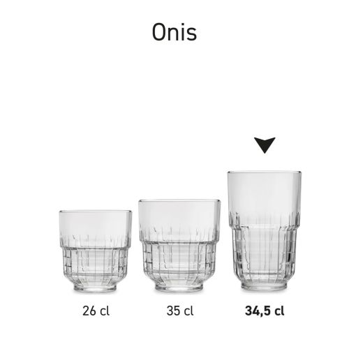 Serie Onis glazen van 34,5 cl gepresenteerd als uniforme productlijn in overzicht. Serie Onis glazen van 34,5 cl gepresenteerd als uniforme productlijn in overzicht.