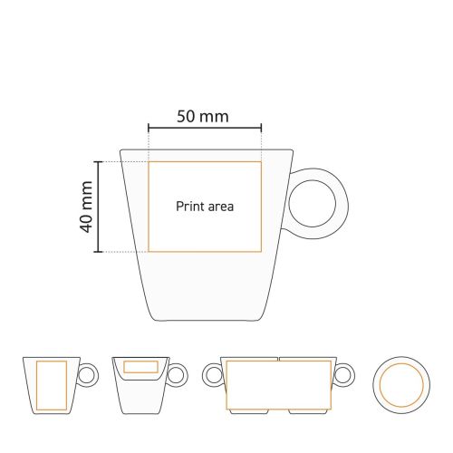 Technische werktekening van de Lukas cappuccinokop 19.5 cl porselein met aanduiding van het drukgebied.