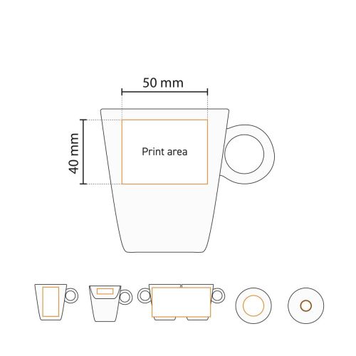Technische werktekening met aanduiding van het drukgebied op de Lukas koffie wit 16 cl. set Technische werktekening met aanduiding van het drukgebied op de Lukas koffie wit 16 cl. set