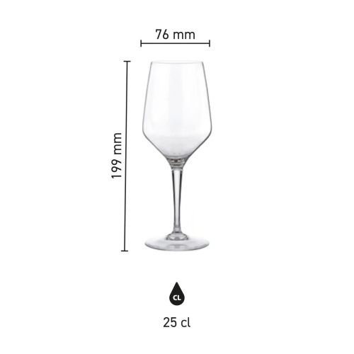 Infographic toont de exacte afmetingen van het Mencia wijnglas 25 cl. in millimeters. Infographic toont de exacte afmetingen van het Mencia wijnglas 25 cl. in millimeters.