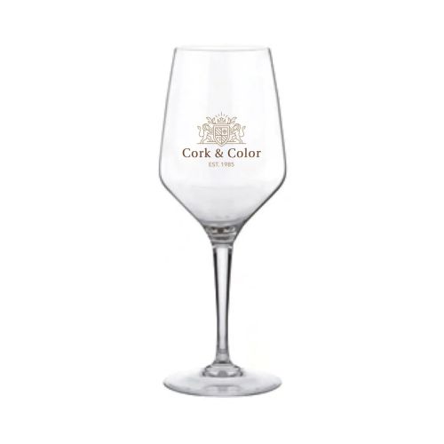 Mencia wijnglas 31 cl. met CorkColor-logo in vier kleuren op de voorzijde gedrukt. Mencia wijnglas 31 cl. met CorkColor-logo in vier kleuren op de voorzijde gedrukt.