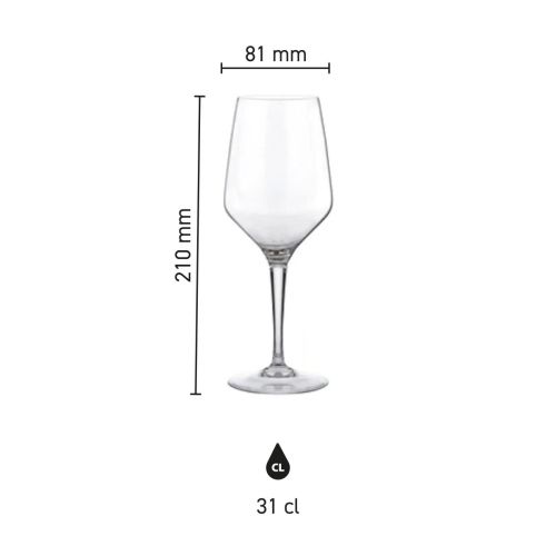 Grafische weergave van het Mencia wijnglas 31 cl. met hoogte en diameter aangeduid. Grafische weergave van het Mencia wijnglas 31 cl. met hoogte en diameter aangeduid.