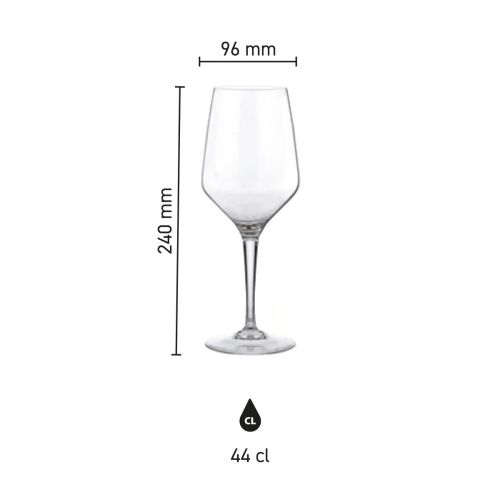 Infographic toont de afmetingen van het Mencia wijnglas 44 cl. in millimeters. Infographic toont de afmetingen van het Mencia wijnglas 44 cl. in millimeters.