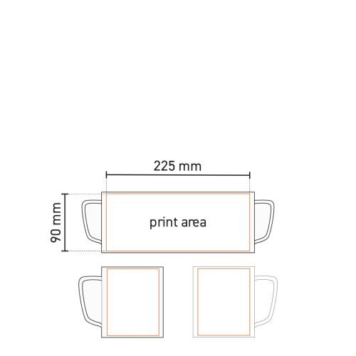 Werktekening toont het relevante bedrukbare gebied op de mok voor logotoepassing. Werktekening toont het relevante bedrukbare gebied op de mok voor logotoepassing.