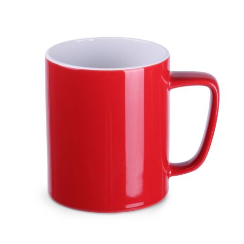 Rood-witte mok Tommy Classic van 31 cl in vooraanzicht, met rechte wand en klassiek keramisch ontwerp. Rood-witte mok Tommy Classic van 31 cl in vooraanzicht, met rechte wand en klassiek keramisch ontwerp.