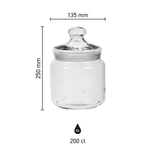 Afbeelding met maatvoering van glazen snoeppot Big Club 2,0 liter toont hoogte en diameter. Afbeelding met maatvoering van glazen snoeppot Big Club 2,0 liter toont hoogte en diameter.
