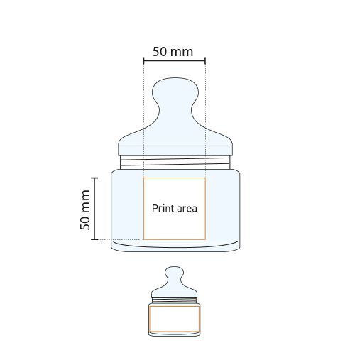 Technische werktekening met gemarkeerd drukvlak op Club snoeppot 0,50 liter van glas. Technische werktekening met gemarkeerd drukvlak op Club snoeppot 0,50 liter van glas.