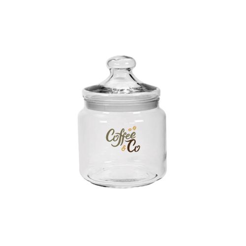 Transparante snoeppot van 0,5 liter met meerkleurig CoffeeCo-logo op het vooraanzicht. Transparante snoeppot van 0,5 liter met meerkleurig CoffeeCo-logo op het vooraanzicht.