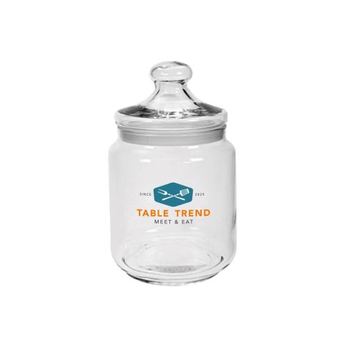 Glazen snoeppot van 0,5 liter met transparante wand en meerkleurig CoffeeCo-logo op de voorkant. Glazen snoeppot van 0,5 liter met transparante wand en meerkleurig CoffeeCo-logo op de voorkant.