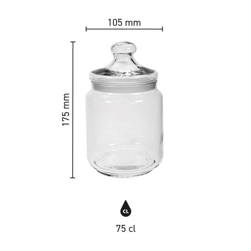 Infographic toont afmetingen en inhoud van glazen snoeppot Club 0,75 liter. Infographic toont afmetingen en inhoud van glazen snoeppot Club 0,75 liter.