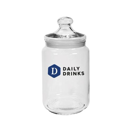 Vooraanzicht van Club snoeppot 1,00 liter van glas met éénkleurig DailyDrinks-logo op het glas.