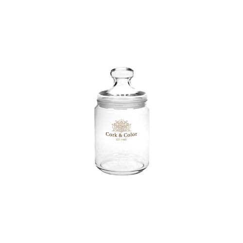 Glazen snoeppot Club smal 0,28 liter met meerkleurig CorkColor-logo op het glasoppervlak.