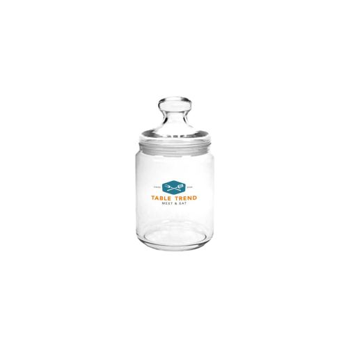 Glazen snoeppot Club smal 0,28 liter met meerkleurig TableTrend logo op het glasoppervlak.