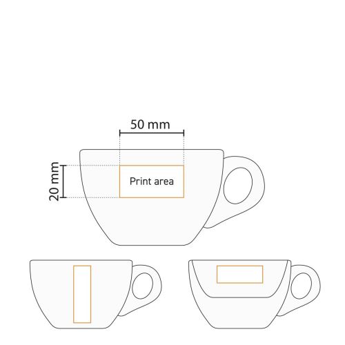 Technische werktekening van porseleinen cappuccinoset 19 cl met gemarkeerd drukgebied. Technische werktekening van porseleinen cappuccinoset 19 cl met gemarkeerd drukgebied.
